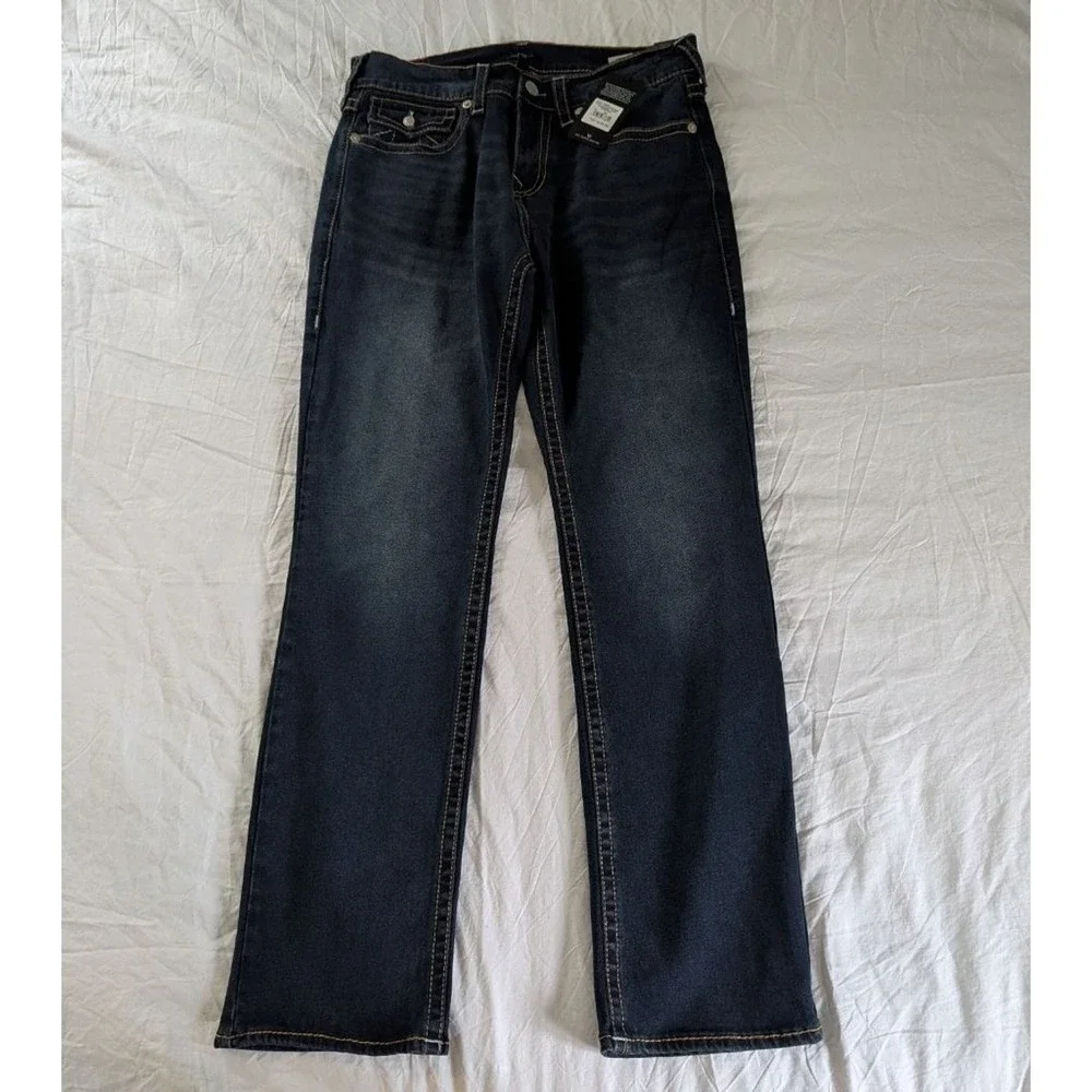 True Religion NWT‎ Ricky Relaxed Straight Jeans Dark Wash Big Flap Mens 34x34